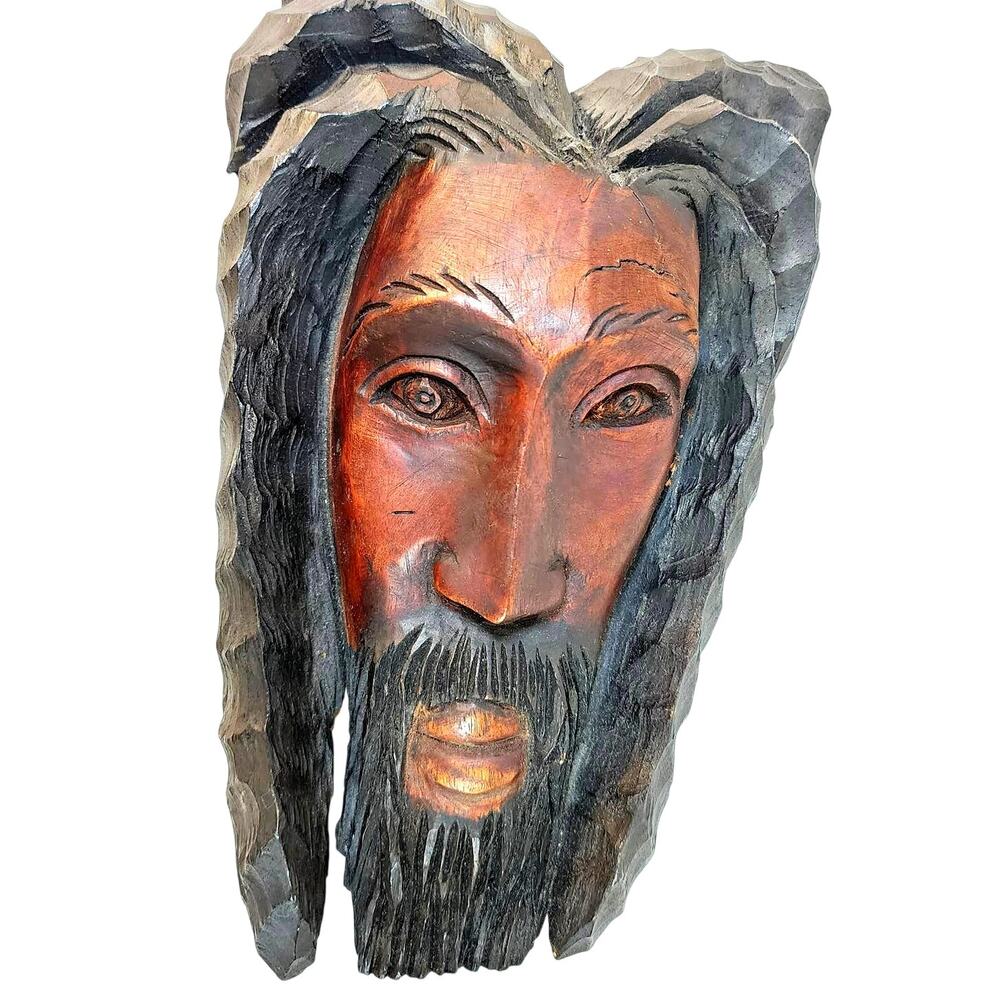 African Tribal Mask Large Carved Wood Wall Art Man Boho Decor Vintage Style